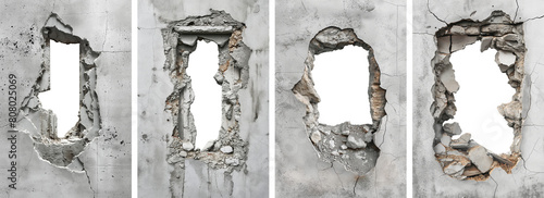 set of hole breaking through old grey cracked concrete wall. white background. cut out.