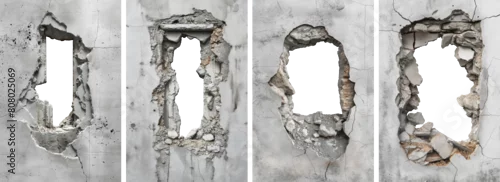 Panel kuchenny z motywem set of hole breaking through old grey cracked concrete wall. white background. cut out.