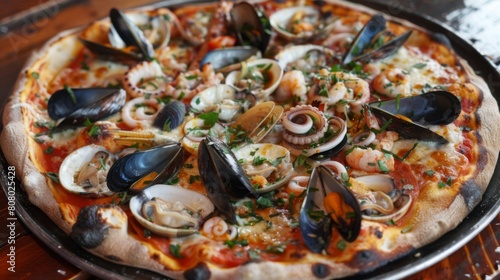 A seafood pizza topped with clams, squid, and mussels, a fusion of flavors