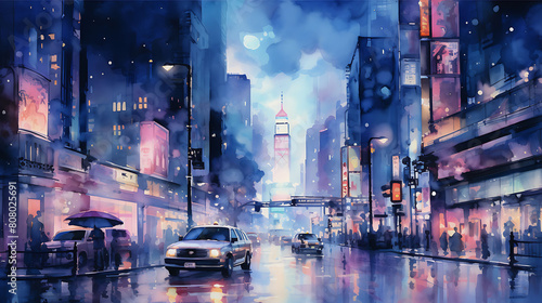 A watercolor background that brings to life the vibrant and bustling atmosphere of a cityscape at night photo