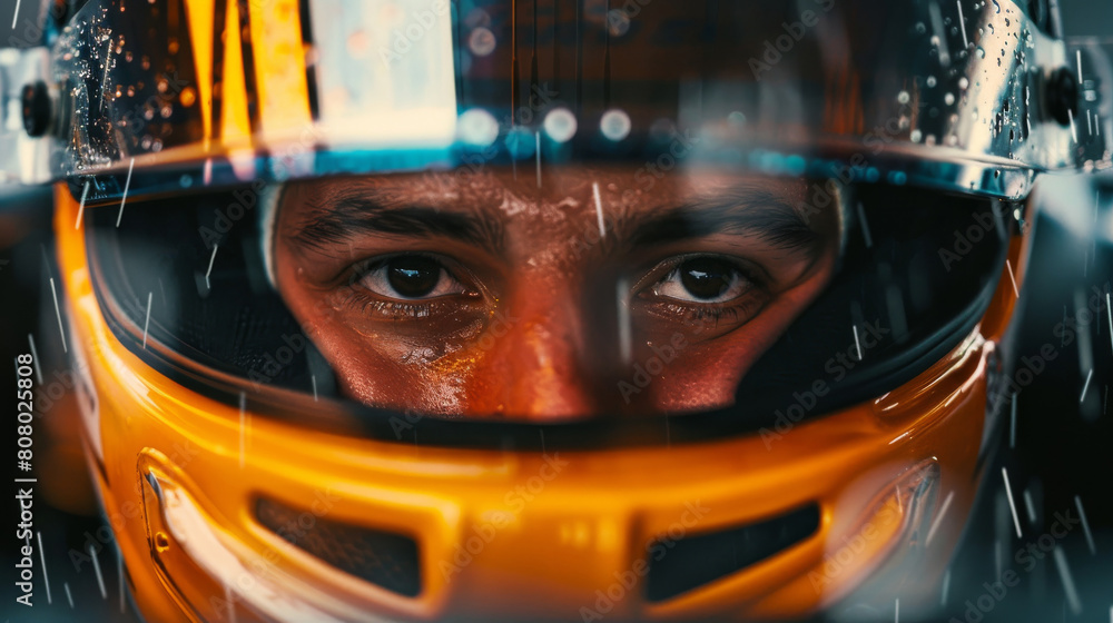 Intense gaze of an F2 racing driver through a rain-spattered helmet Intense gaze of an F2 racing driver through a rain-spattered helmet