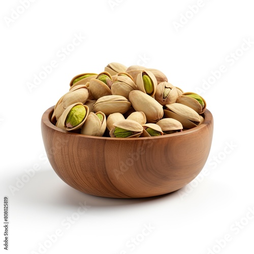 Pistachio in a wooden bowl isolated on white background
