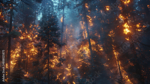 A forest fire is burning through a forest  with trees and branches on fire