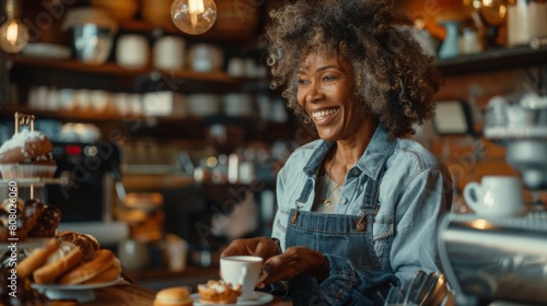 Smiling Woman Enjoying Coffee photo