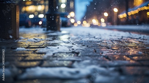 Snowfall on pavement in the city at night. Shallow depth of field. photo