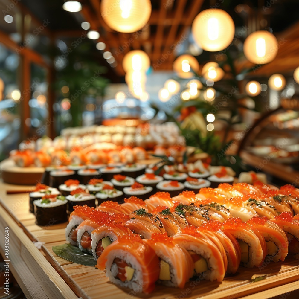Defocused Blurred Background of a Sushi Restaurant Interior Defocused Blurred Background of a Sushi Restaurant Interior
