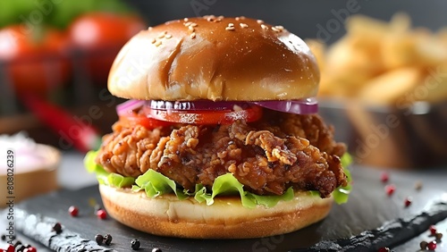 Crispy fried chicken burger with flying spices ready to eat. Concept Food Photography, Fast Food, Delicious Burger, Spicy Chicken, Appetizing Presentation photo