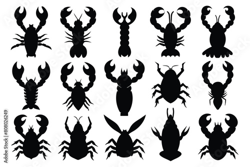 Set of Lobster black Silhouette Design with white Background and Vector Illustration © mobarok8888