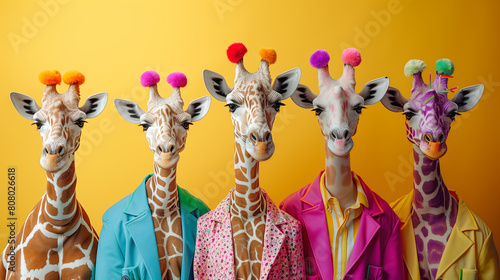 Creative animal concept. Group of giraffe in funky Wacky wild mismatch colourful outfits isolated on bright background advertisement, copy space. birthday party invite invitation banner. photo