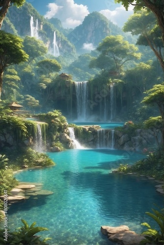 Enchanted Lake with Waterfall. Paradise by the Lake