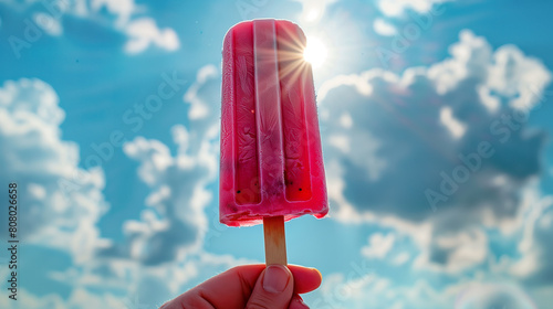 Close-up of a hand holding a strawberry popsicle against sunny sky.