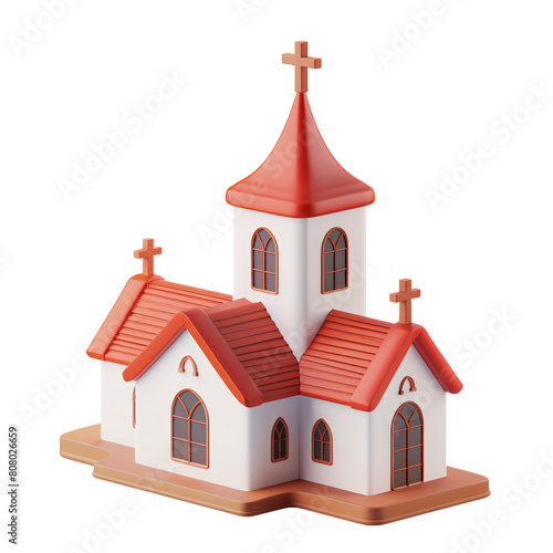 3d render church building icon, white facade with bushes and trees, front view, modern graphic illustration . isolated on transparent background . ai generative