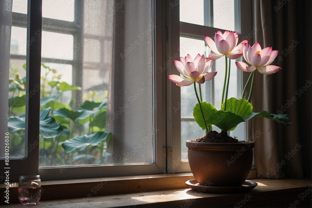 Fototapeta premium Lotus in a Pot by the Window