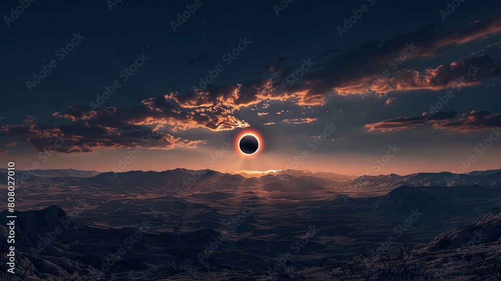 Obraz premium Solar eclipse over Mountains illustration.