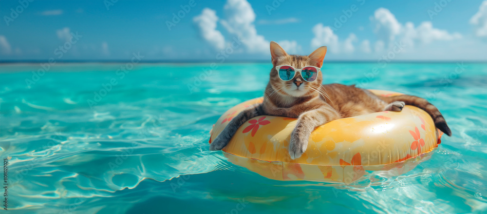 In the picturesque setting of the warm ocean, a calm and relaxed cat lounges on an yellow inflatable ring wearing sunglasses,the concept of beach holidays,sea trips,vacation In the picturesque setting of the warm ocean, a calm and relaxed cat lounges on an yellow inflatable ring wearing sunglasses,the concept of beach holidays,sea trips,vacation
