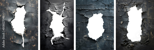 set of hole breaking through black wall. cut out.