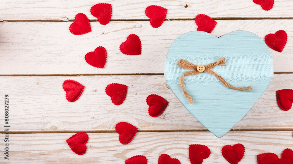 Fototapeta premium Valentines day background, Valentines day card and gifts on wooden board