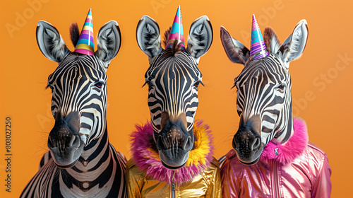 Creative animal concept. Group of zebra in funky Wacky wild mismatch colourful outfits isolated on bright background advertisement  copy space. birthday party invite invitation banner.