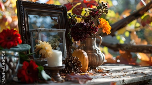 Vintage autumn still life with pumpkins, candles, autumn leaves and flowers.