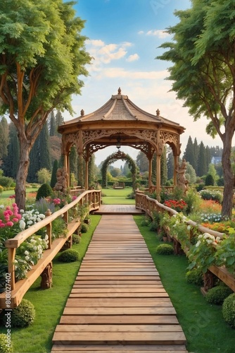 Decorative Wooden Bridge over Green Field