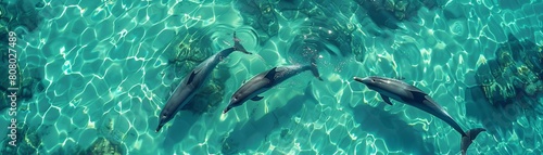 Aerial circle around a pod of dolphins swimming in the sunny, clear blue waters during summer photo