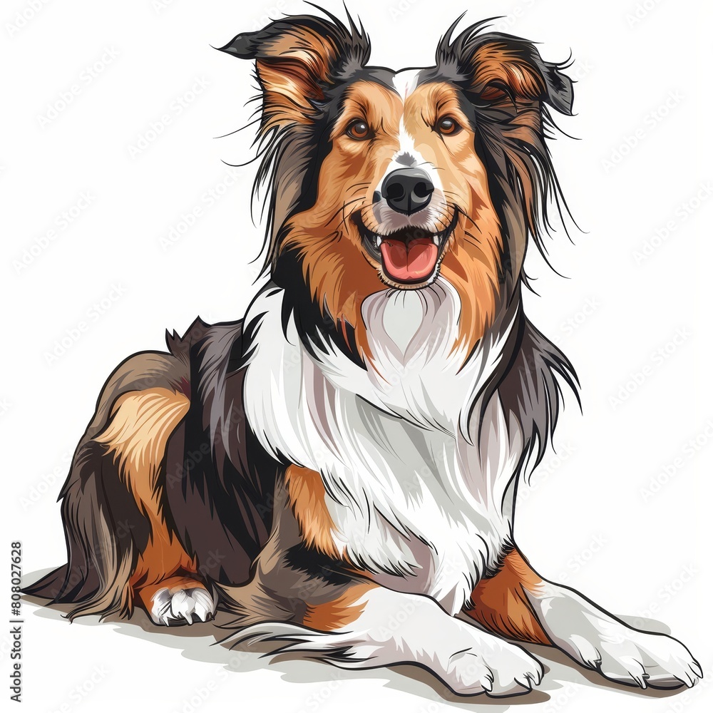 black tricolor Collie Rough dog icon on a white, cartoon colored, sketch style black tricolor Collie Rough dog icon on a white, cartoon colored, sketch style