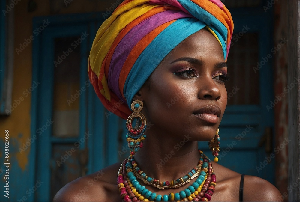 Cuban Woman in Colorful Turban and Earrings
