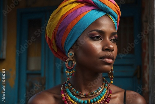 Obraz na płótnie Cuban Woman in Colorful Turban and Earrings w salonie