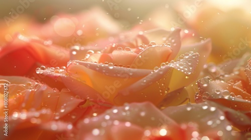 A serene scene of dew-covered petals bathed in soft morning light, a moment of tranquility