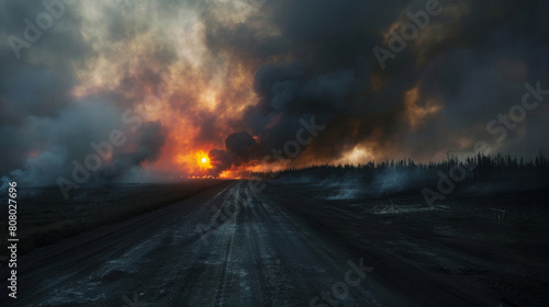 A desolate road with a fire burning in the distance