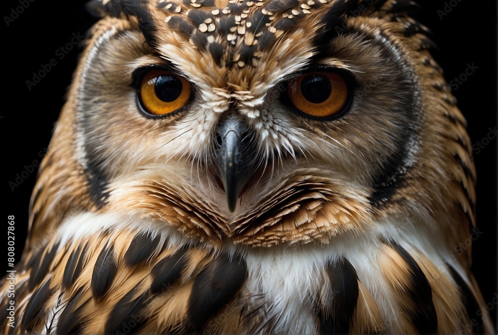 Owl on Black Background with Golden-White Feathers Owl on Black Background with Golden-White Feathers
