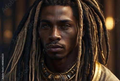 Close-up of Person with Dreadlocks. Dark-Skinned Egyptian Prince photo