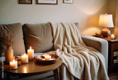 A cozy bedroom scene with a wooden nightstand, an alarm clock, a lit candle, and a warm, inviting bed with rumpled bedding in the background photo