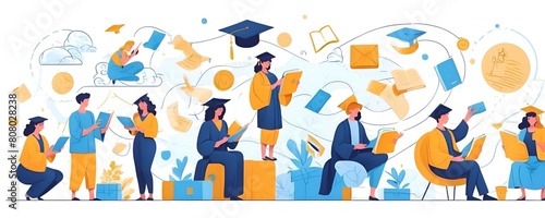 Illustrations with educational scenes. The characters read educational books  study online on a mobile phone and receive a graduation diploma. The concept of online education