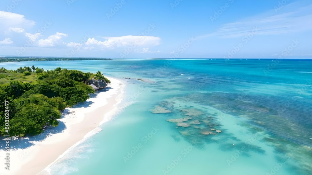 Experience the tranquility of a white sand beach and beautiful blue ocean landscape. Concept Beach Photoshoot, Tropical Paradise, Ocean Views, Tranquil Setting, White Sandy Beach