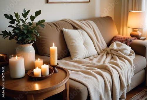 A cozy bedroom scene with a wooden nightstand, an alarm clock, a lit candle, and a warm, inviting bed with rumpled bedding in the background photo