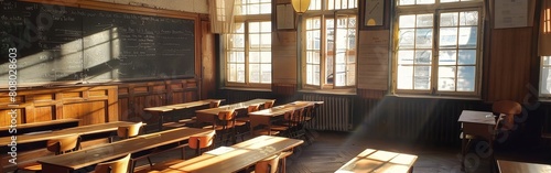 Sunlit Traditional Classroom with Desks and Chalkboard © BG_Illustrations