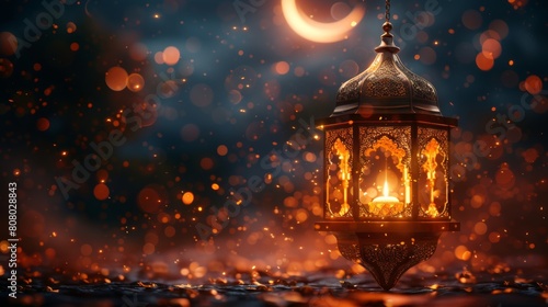 Enchanting Eid Mubarak Celebration Scene with Golden Crescent Moon and Lantern Amidst Magical Blue Night Sky. Generative AI