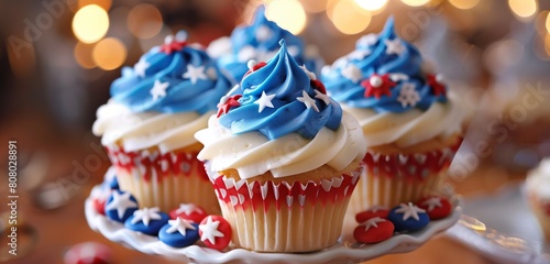 A mouthwatering display of cupcakes topped with buttercream frosting in patriotic colors and designs. 