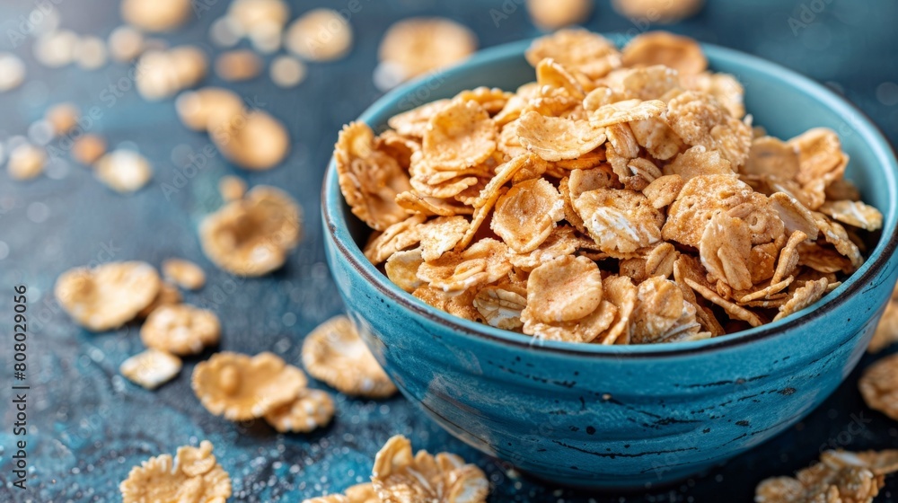 Obraz premium A bowl of cereal with flakes scattered around it on a table, AI