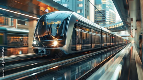 A sleek metro train speeding through an urban landscape, symbolizing efficient city transit