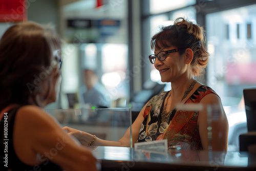old woman bank teller wears a business style dress and glasses
