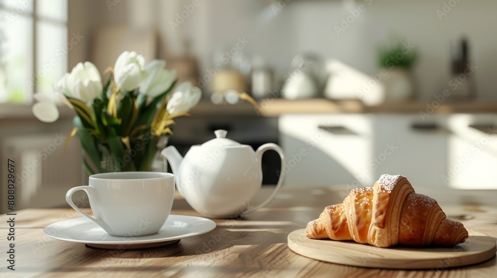 modern kitchen, table with cup of coffee and croisant generative ai modern kitchen, table with cup of coffee and croisant generative ai