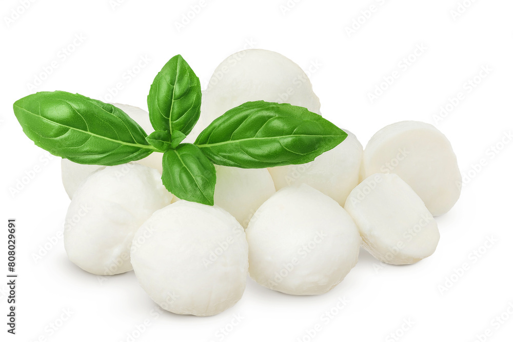 Mini mozzarella balls with basil leaf isolated on white background with full depth of field. Mini mozzarella balls with basil leaf isolated on white background with full depth of field.