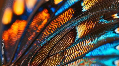 Stunning close-up of a colorful butterfly wing bathed in sunlight photo
