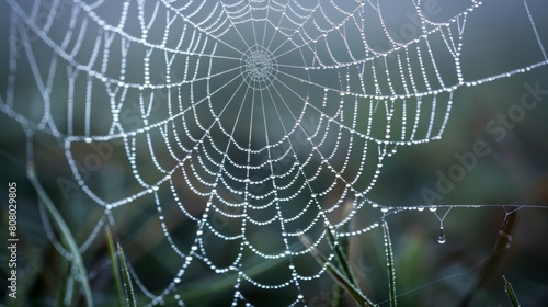 Close-up of a glistening spider web covered in dew at sunrise, the beauty of nature captured