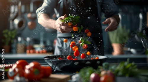 A conceptual photo of a chef pouring olive oil into a skillet for cooking, symbolizing culinary expertise and the use of quality ingredients
