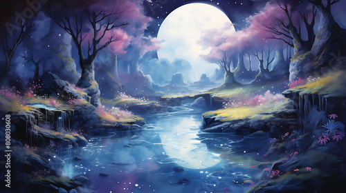 Conjure a watercolor background depicting a magical fairy glen under the moonlight