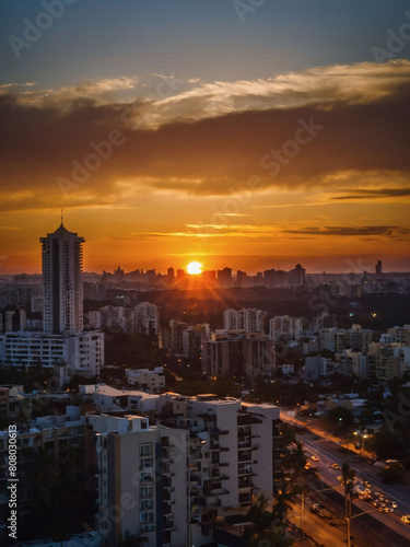 Twilight Glow, Sun Setting Behind the City Buildings © xKas