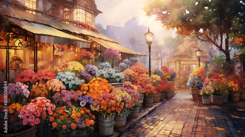 Conjure a watercolor background depicting a vibrant flower market, with a plethora of colors and scents creating a delightful scene